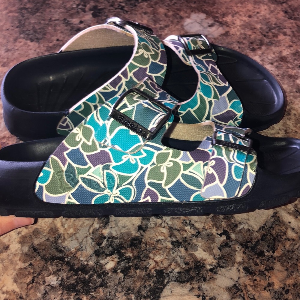 Birkenstock Floral Pattern Teal Green Purple Double Buckle Sandals